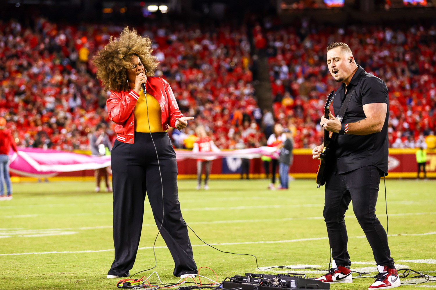 Kansas City party band Lost Wax performing during the Crucial Catch recognition at halftime of the week six NFL football game between the Kansas City Chiefs and the Denver Broncos, Thursday, October 12, 2023 in Kansas City.