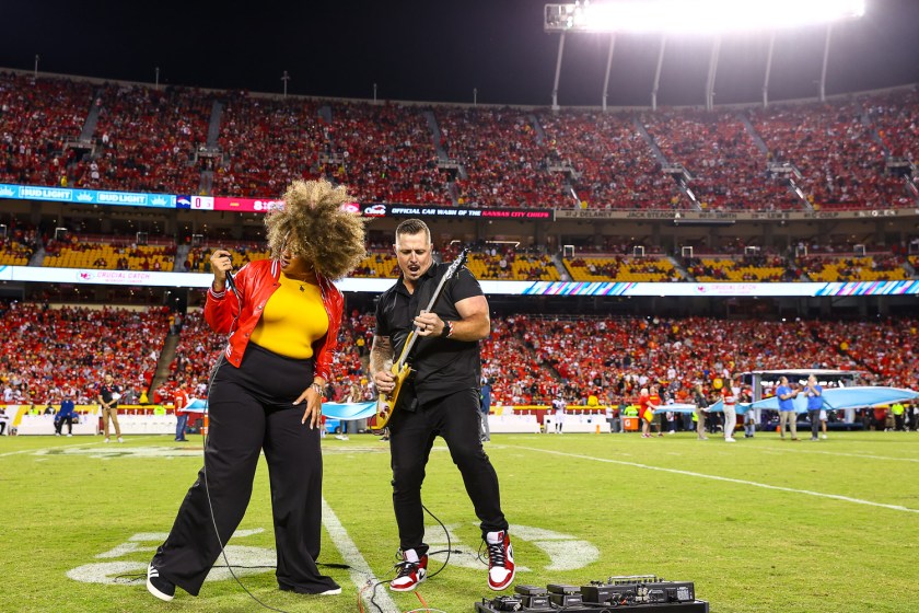 Kansas City party band Lost Wax performing during the Crucial Catch recognition at halftime of the week six NFL football game between the Kansas City Chiefs and the Denver Broncos, Thursday, October 12, 2023 in Kansas City.