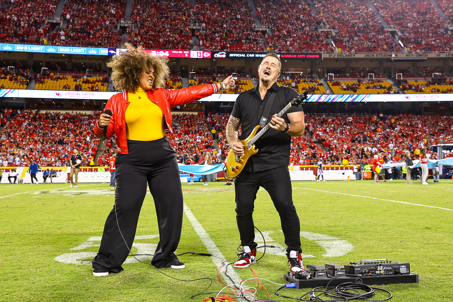 Kansas City party band Lost Wax performing during the Crucial Catch recognition at halftime of the week six NFL football game between the Kansas City Chiefs and the Denver Broncos, Thursday, October 12, 2023 in Kansas City.