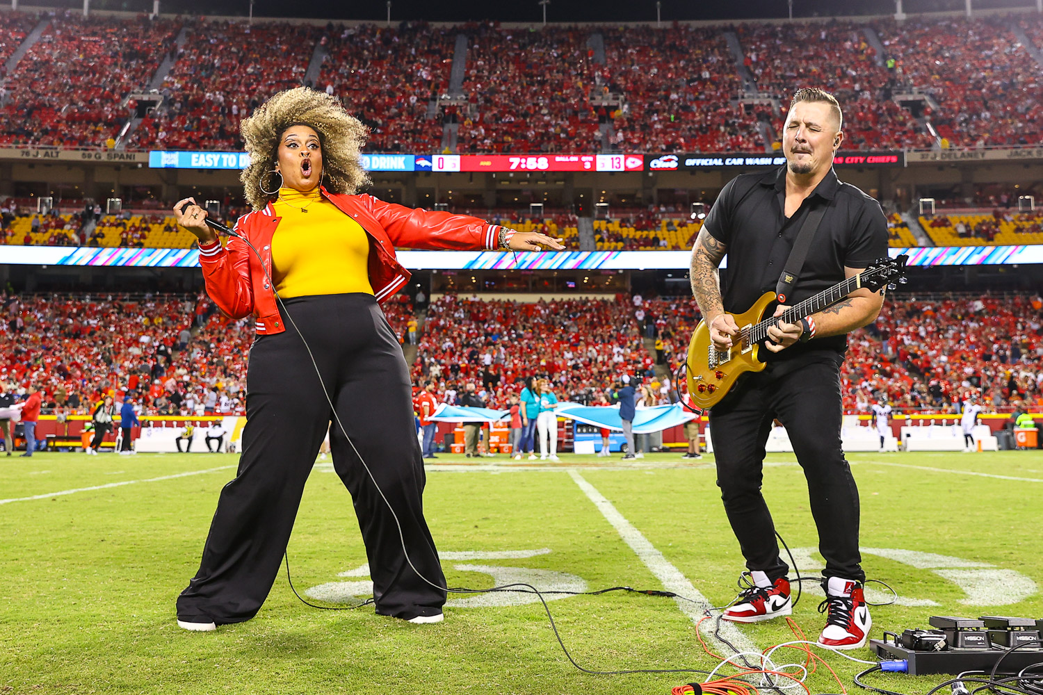 Kansas City party band Lost Wax performing during the Crucial Catch recognition at halftime of the week six NFL football game between the Kansas City Chiefs and the Denver Broncos, Thursday, October 12, 2023 in Kansas City.