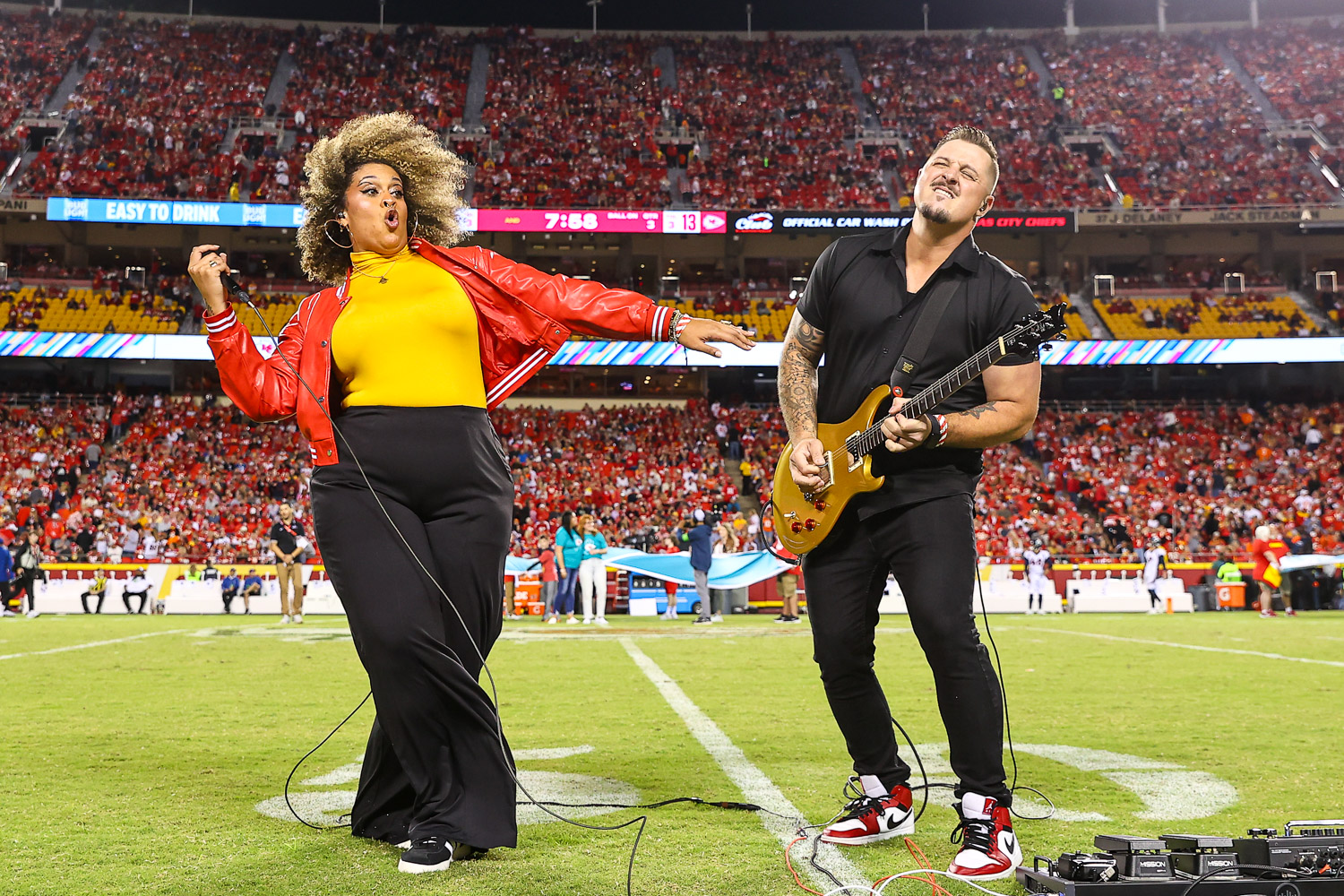 Kansas City party band Lost Wax performing during the Crucial Catch recognition at halftime of the week six NFL football game between the Kansas City Chiefs and the Denver Broncos, Thursday, October 12, 2023 in Kansas City.