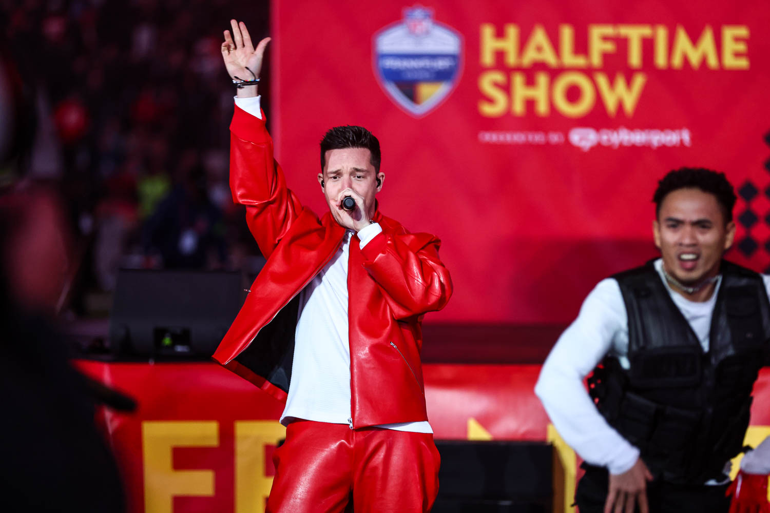 German singer/songwriter Nico Santos performing at halftime during the week nine NFL football game against the Miami Dolphins, November 5, 2023 in Frankfurt, Germany.