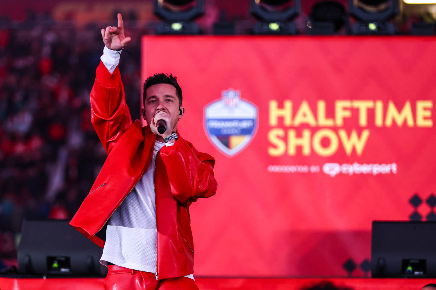 German singer/songwriter Nico Santos performing at halftime during the week nine NFL football game against the Miami Dolphins, November 5, 2023 in Frankfurt, Germany.