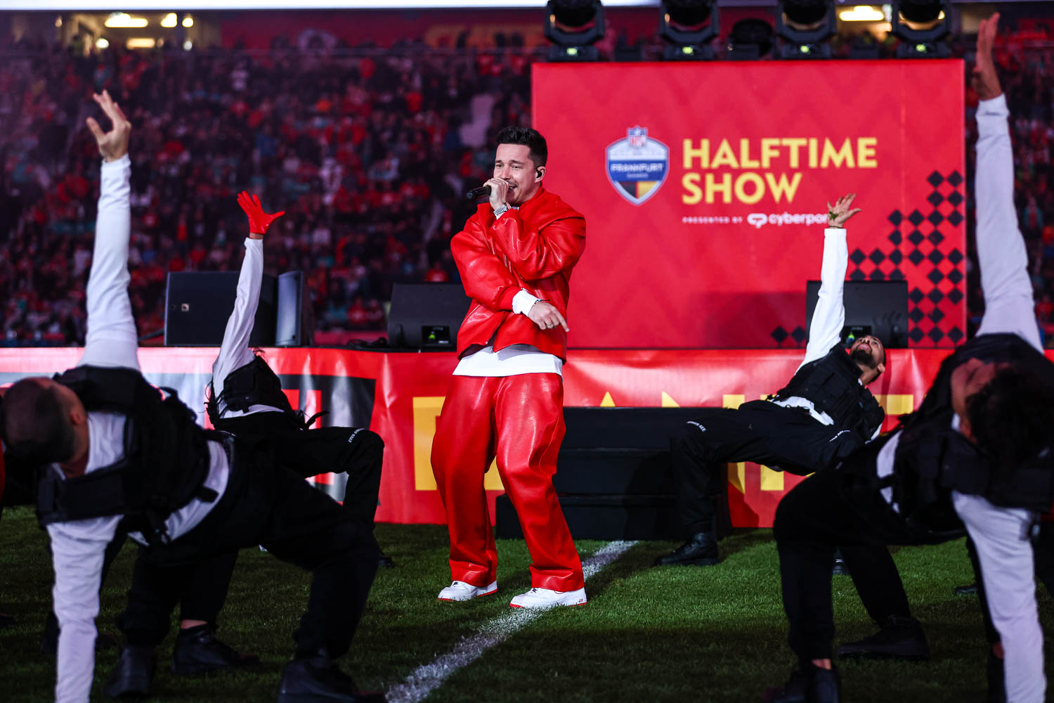 German singer/songwriter Nico Santos performing at halftime during the week nine NFL football game against the Miami Dolphins, November 5, 2023 in Frankfurt, Germany.