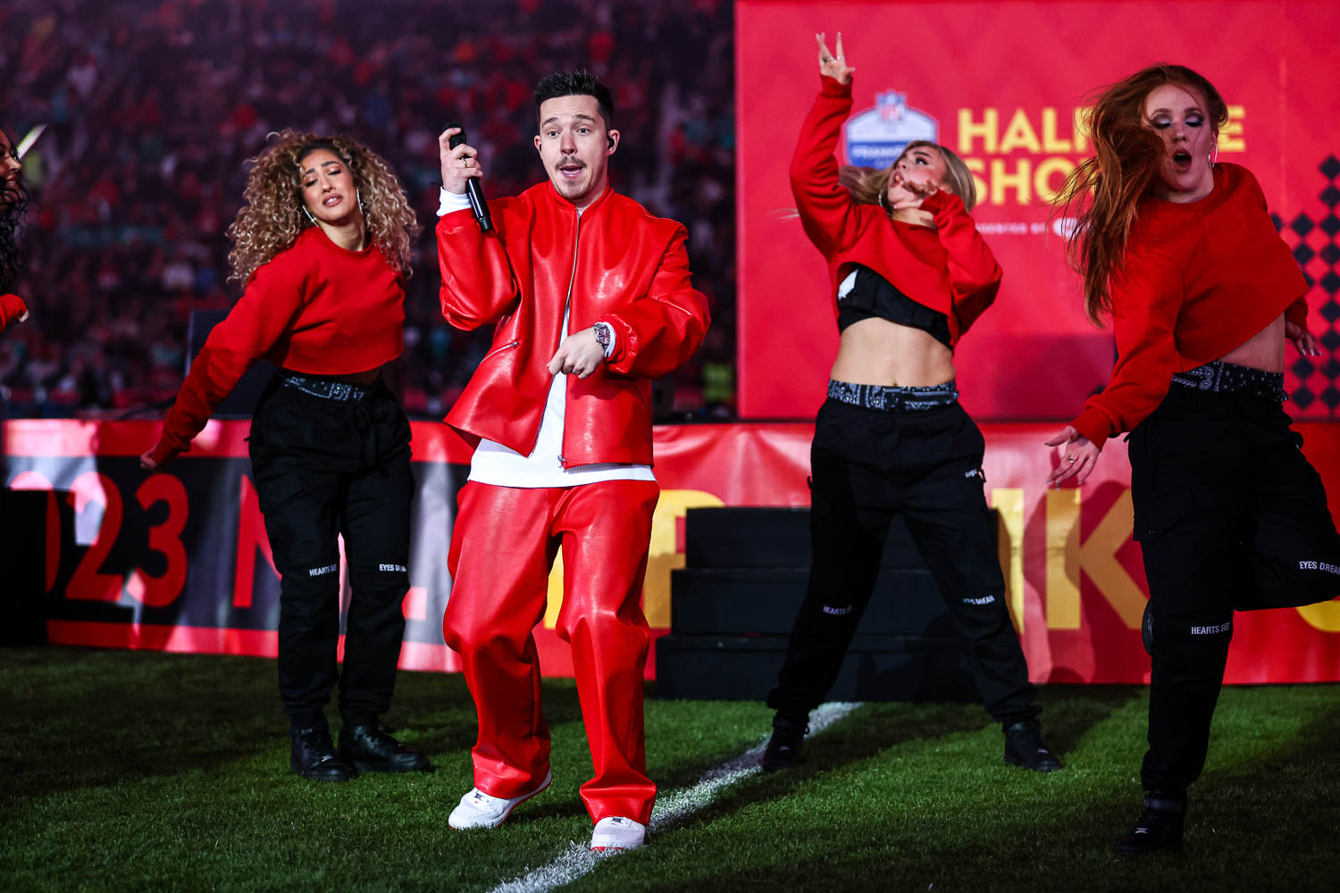 German singer/songwriter Nico Santos performing at halftime during the week nine NFL football game against the Miami Dolphins, November 5, 2023 in Frankfurt, Germany.