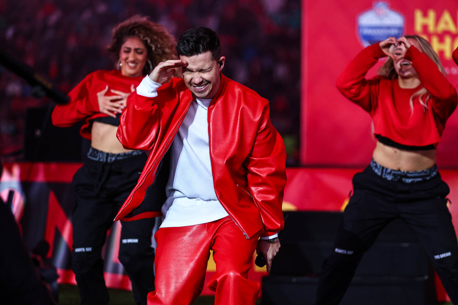 German singer/songwriter Nico Santos performing at halftime during the week nine NFL football game against the Miami Dolphins, November 5, 2023 in Frankfurt, Germany.