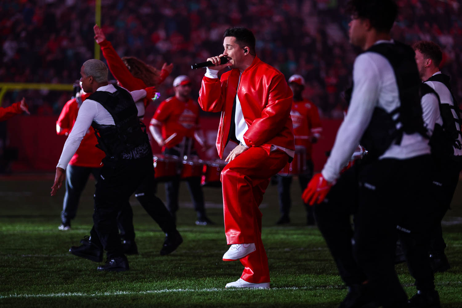 German singer/songwriter Nico Santos performing at halftime during the week nine NFL football game against the Miami Dolphins, November 5, 2023 in Frankfurt, Germany.