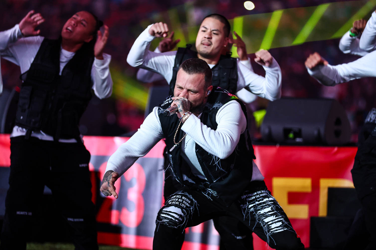 German rapper Kontra K performing at halftime during the week nine NFL football game against the Miami Dolphins, November 5, 2023 in Frankfurt, Germany.