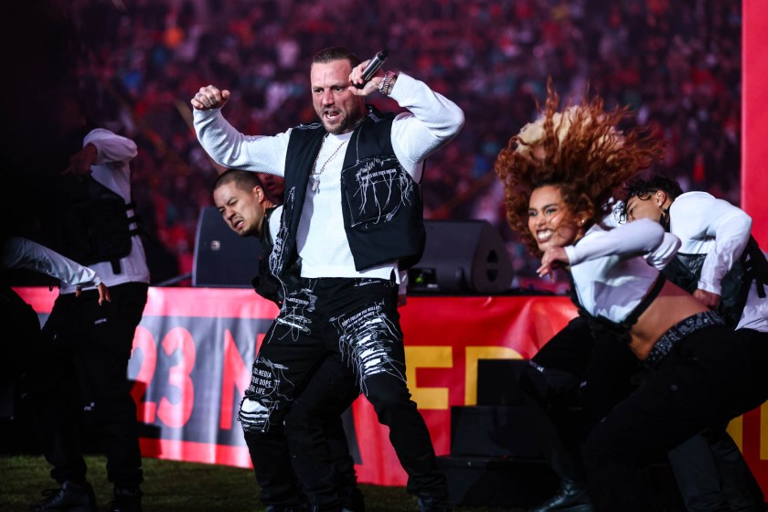 German rapper Kontra K performing at halftime during the week nine NFL football game against the Miami Dolphins, November 5, 2023 in Frankfurt, Germany.