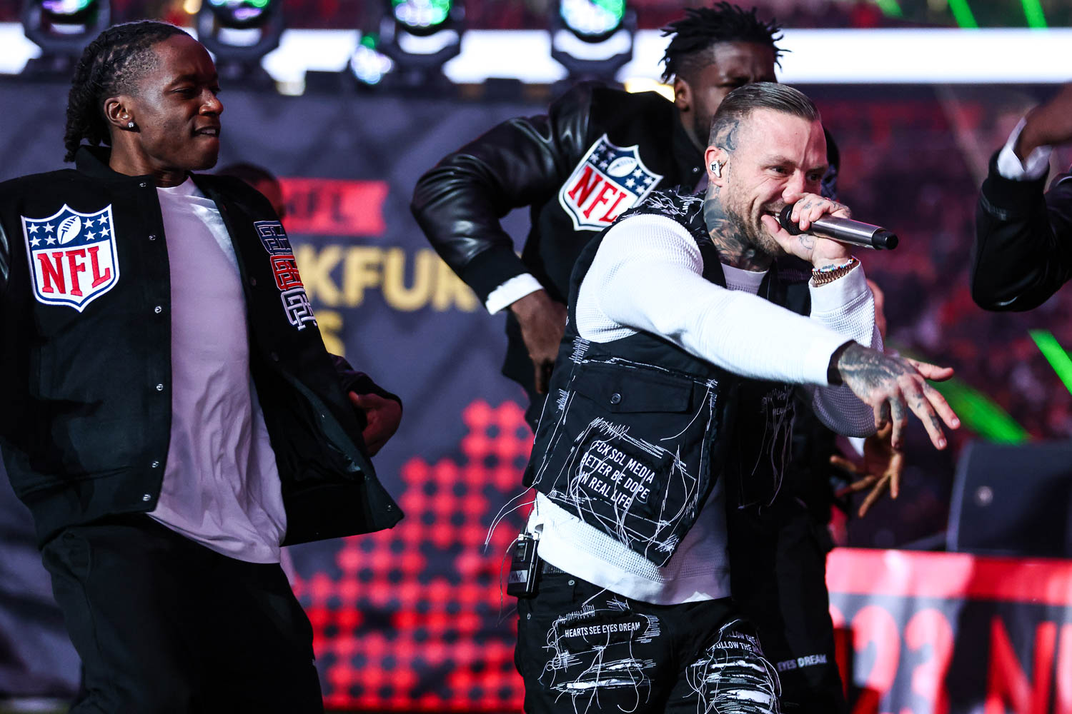 German rapper Kontra K performing at halftime during the week nine NFL football game against the Miami Dolphins, November 5, 2023 in Frankfurt, Germany.