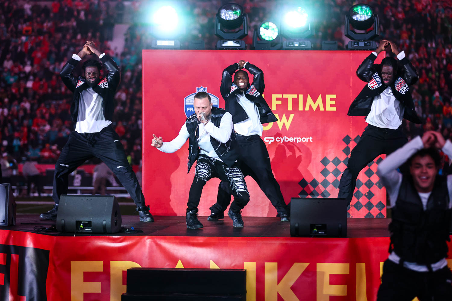 German rapper Kontra K performing at halftime during the week nine NFL football game against the Miami Dolphins, November 5, 2023 in Frankfurt, Germany.