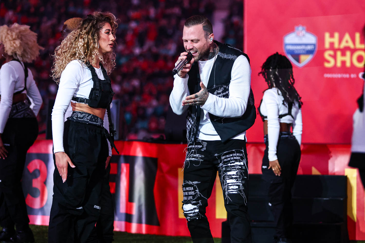 German rapper Kontra K performing at halftime during the week nine NFL football game against the Miami Dolphins, November 5, 2023 in Frankfurt, Germany.