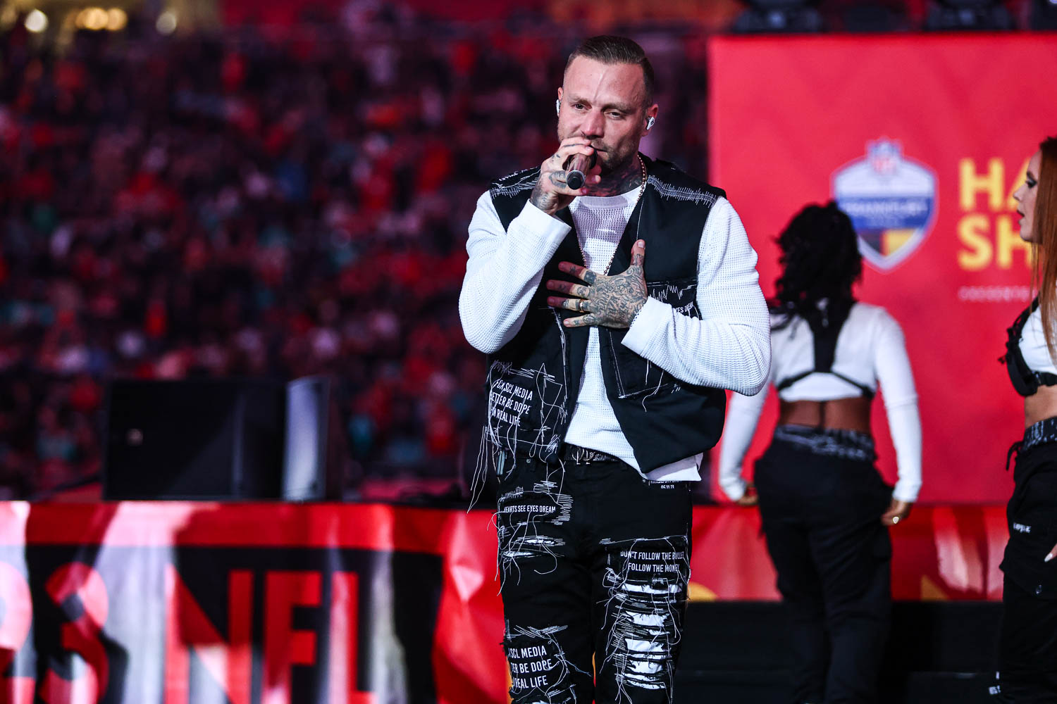 German rapper Kontra K performing at halftime during the week nine NFL football game against the Miami Dolphins, November 5, 2023 in Frankfurt, Germany.