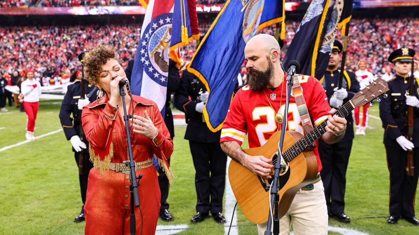 Recording duo Goldpine sings the national anthem prior to the NFL Week 17 matchup against the Cincinnati Bengals on December 31, 2023.