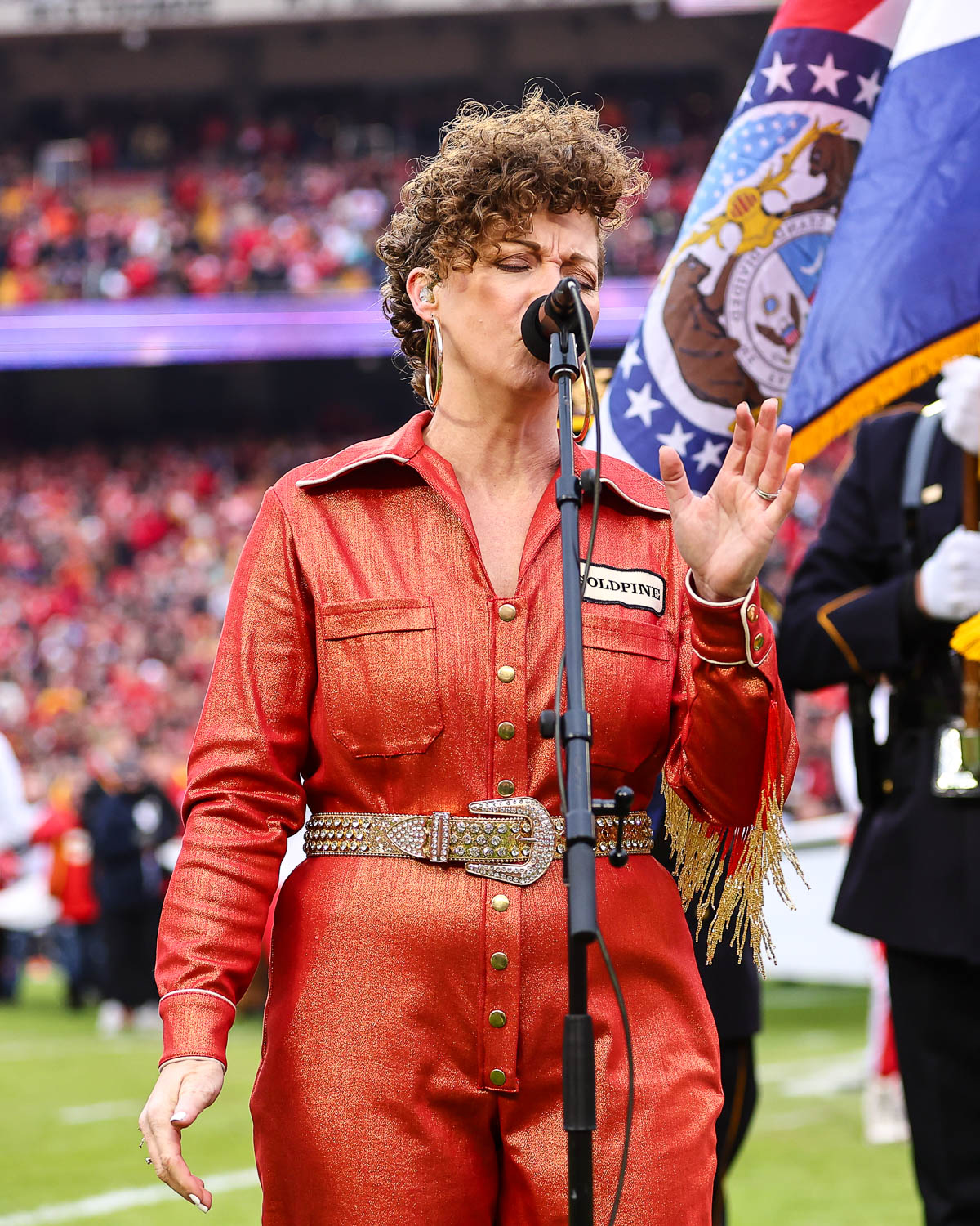 Recording duo Goldpine sings the national anthem prior to the NFL Week 17 matchup against the Cincinnati Bengals on December 31, 2023.