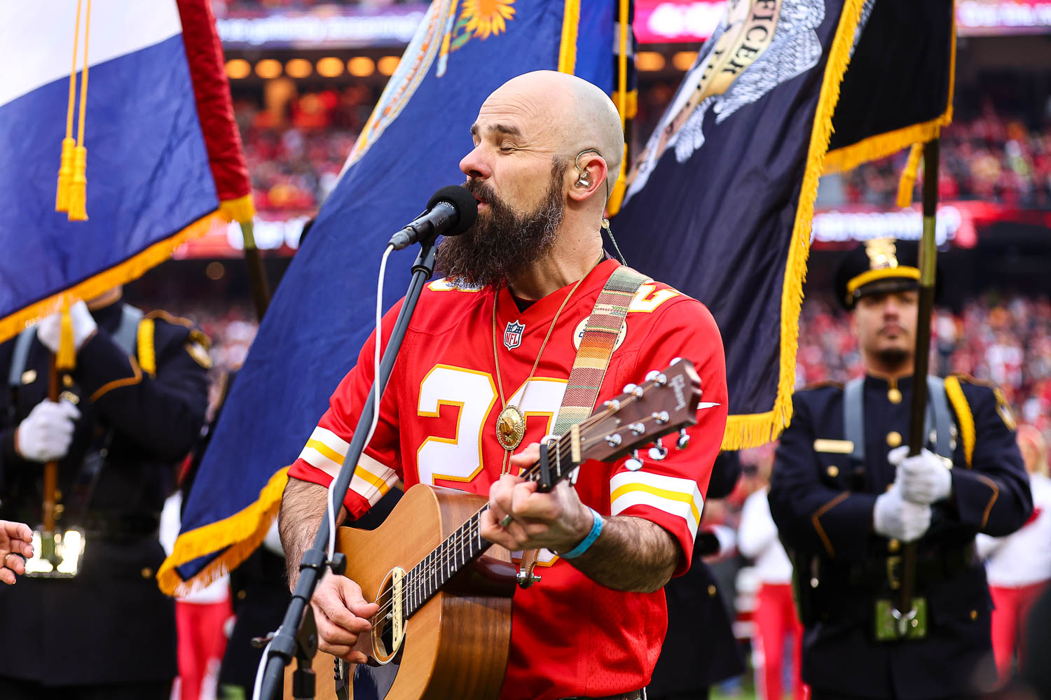 Recording duo Goldpine sings the national anthem prior to the NFL Week 17 matchup against the Cincinnati Bengals on December 31, 2023.