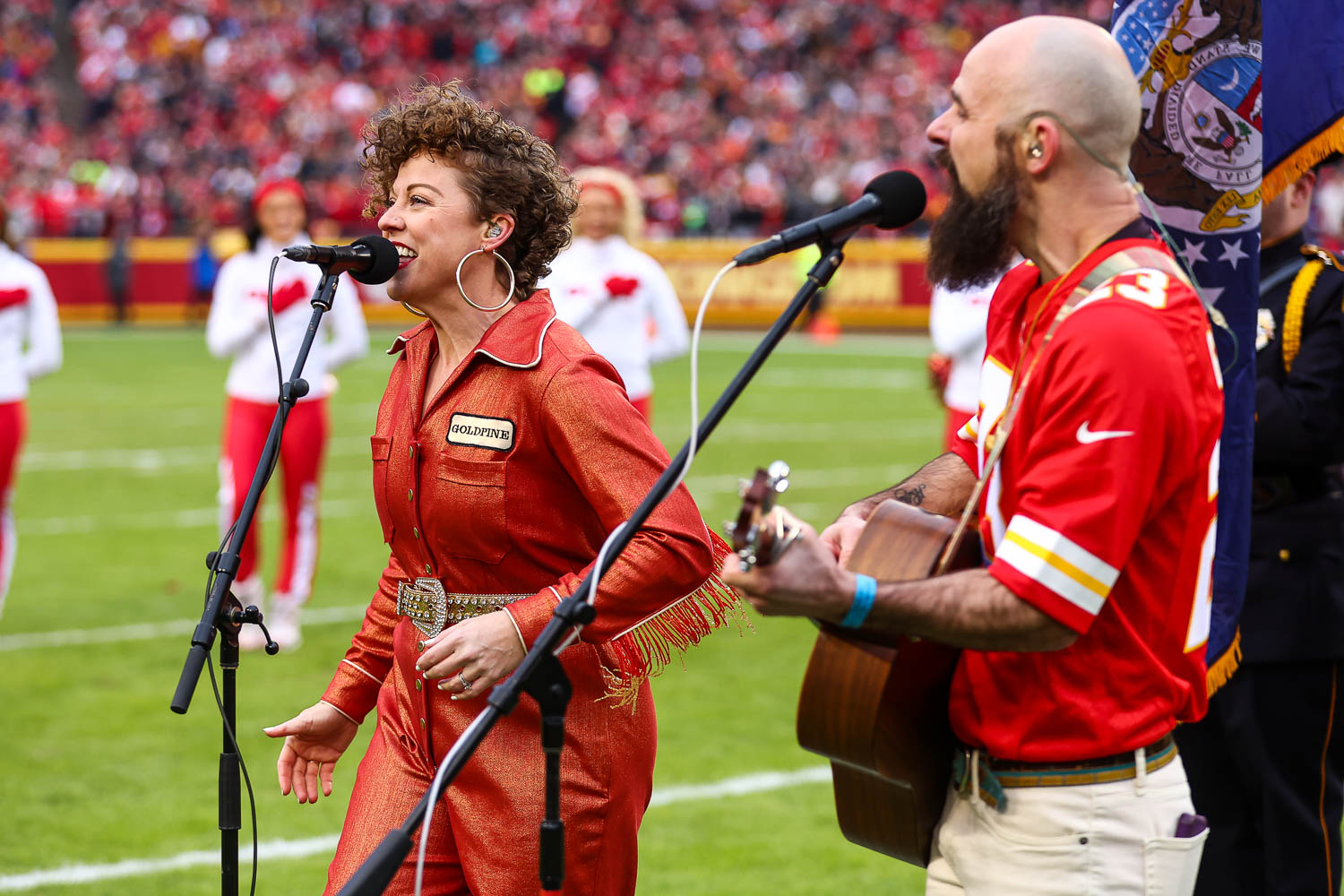 Recording duo Goldpine sings the national anthem prior to the NFL Week 17 matchup against the Cincinnati Bengals on December 31, 2023.