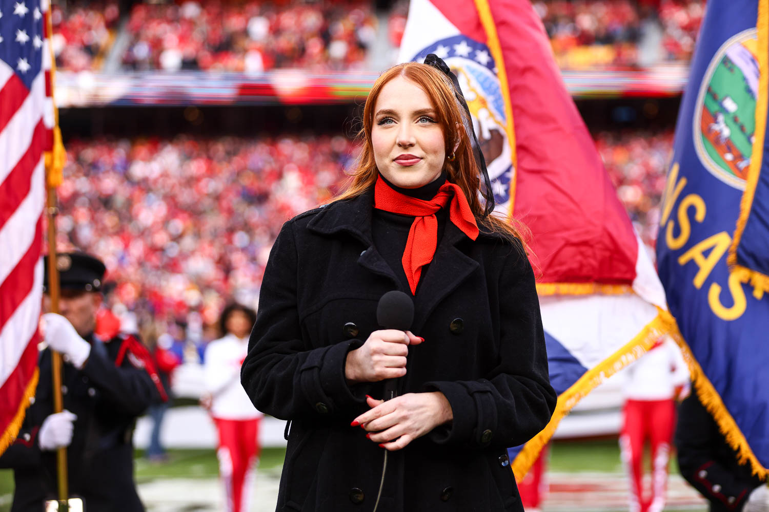 Season 21 contestant of American Idol Olivia Soli sings the national anthem prior to the week 14 NFL football game against the Buffalo Bills, December 10, 2023 in Kansas City.