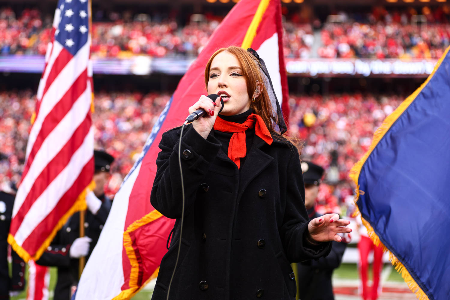 Season 21 contestant of American Idol Olivia Soli sings the national anthem prior to the week 14 NFL football game against the Buffalo Bills, December 10, 2023 in Kansas City.