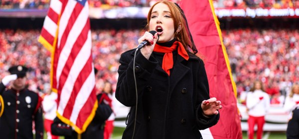 Season 21 contestant of American Idol Olivia Soli sings the national anthem prior to the week 14 NFL football game against the Buffalo Bills, December 10, 2023 in Kansas City.