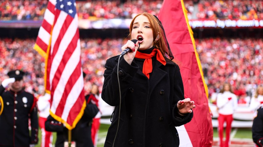 Season 21 contestant of American Idol Olivia Soli sings the national anthem prior to the week 14 NFL football game against the Buffalo Bills, December 10, 2023 in Kansas City.