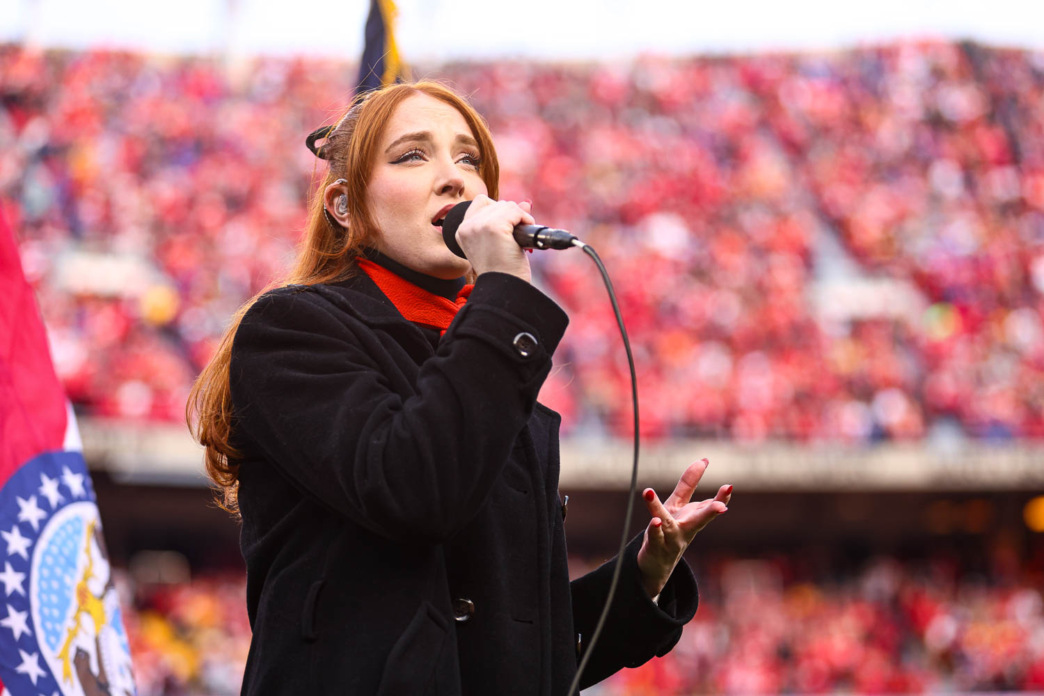 Season 21 contestant of American Idol Olivia Soli sings the national anthem prior to the week 14 NFL football game against the Buffalo Bills, December 10, 2023 in Kansas City.