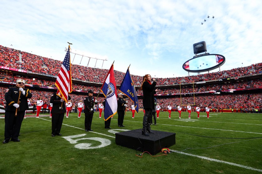 Season 21 contestant of American Idol Olivia Soli sings the national anthem prior to the week 14 NFL football game against the Buffalo Bills, December 10, 2023 in Kansas City.