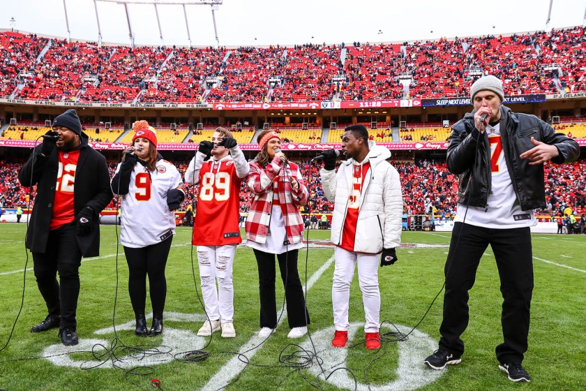 A Capella group The Trills performed at halftime during the NFL Week 16 matchup between the Kansas City Chiefs and the Las Vegas Raiders on December 25, 2023.