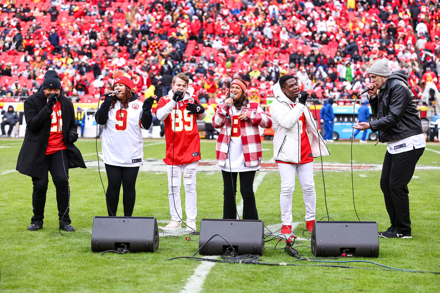 A Capella group The Trills performed at halftime during the NFL Week 16 matchup between the Kansas City Chiefs and the Las Vegas Raiders on December 25, 2023.