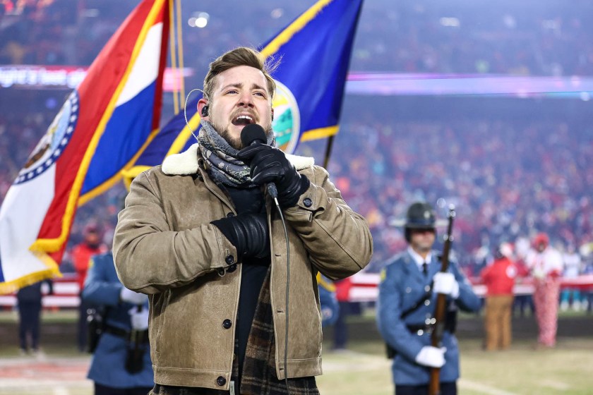 Country singer-songwriter Kameron Marlowe sings the national anthem prior to the NFL Wildcard Playoff football game against the Miami Dolphins, January 13, 2024 in Kansas City.