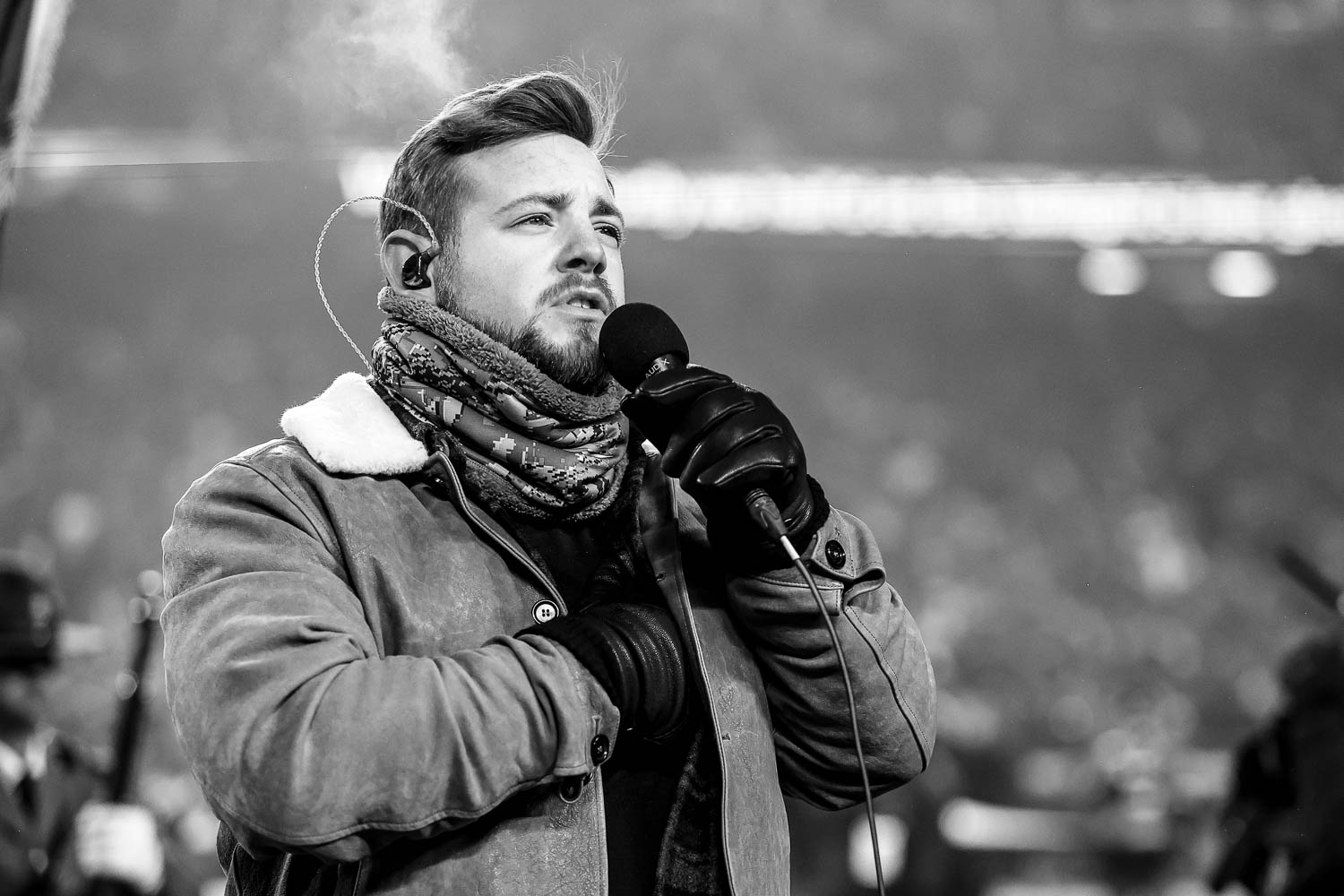 Country singer-songwriter Kameron Marlowe sings the national anthem prior to the NFL Wildcard Playoff football game against the Miami Dolphins, January 13, 2024 in Kansas City.