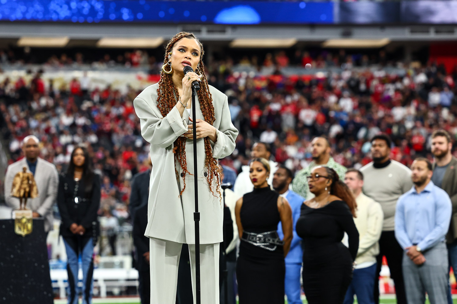 Andra Day sings “Lift Every Voice and Sing” prior to the NFL Super Bowl 58 football game between the Kansas City Chiefs and the San Francisco 49ers, Sunday, Feb. 11, 2024, in Las Vegas.