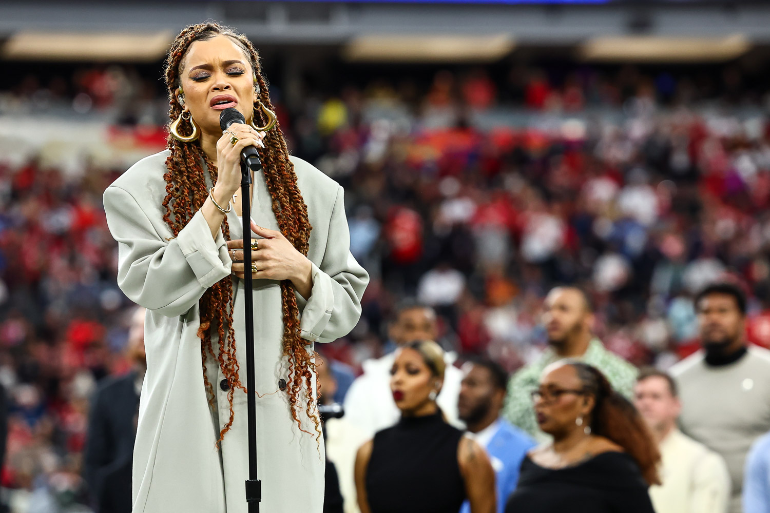 Andra Day sings “Lift Every Voice and Sing” prior to the NFL Super Bowl 58 football game between the Kansas City Chiefs and the San Francisco 49ers, Sunday, Feb. 11, 2024, in Las Vegas.