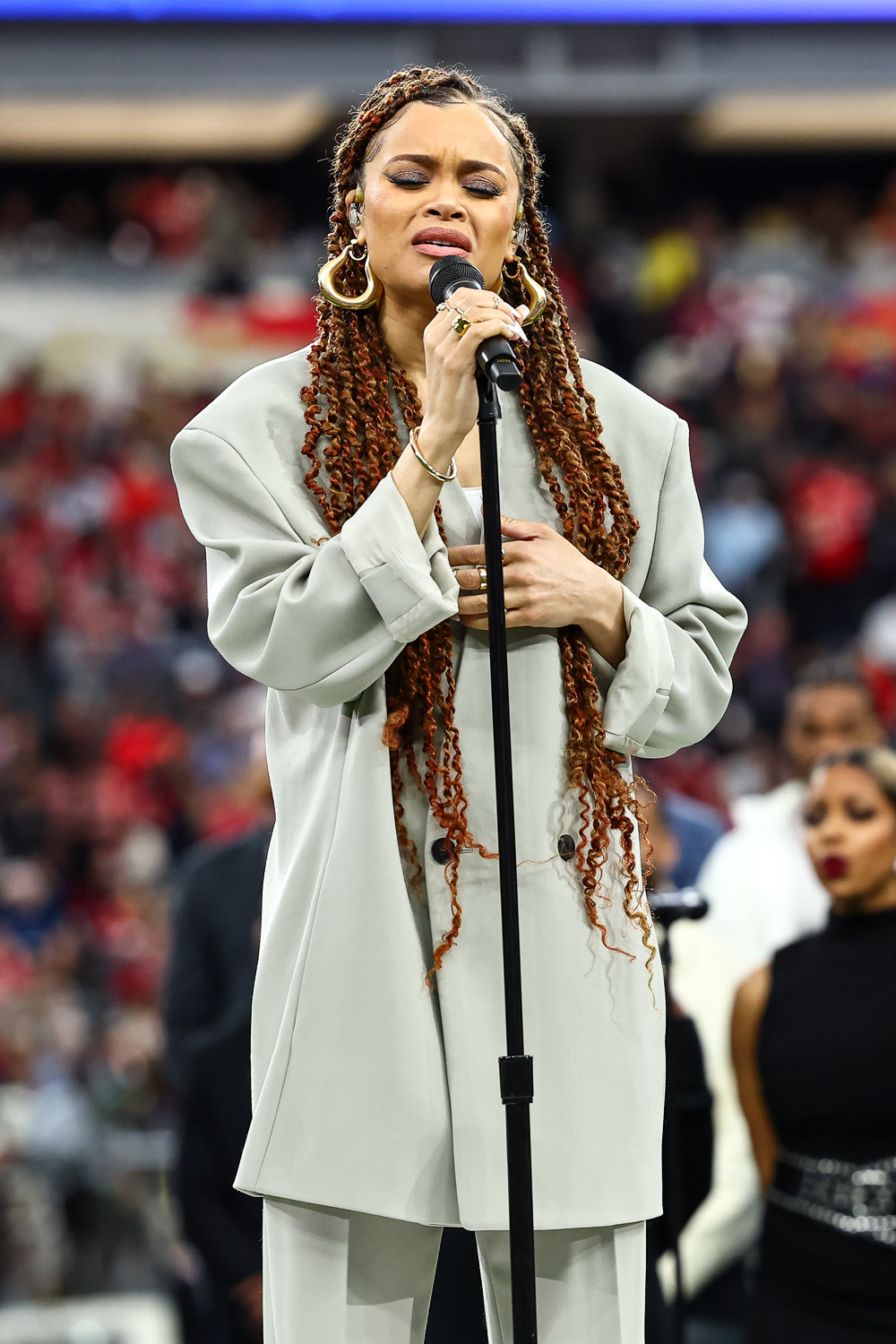 Andra Day sings “Lift Every Voice and Sing” prior to the NFL Super Bowl 58 football game between the Kansas City Chiefs and the San Francisco 49ers, Sunday, Feb. 11, 2024, in Las Vegas.