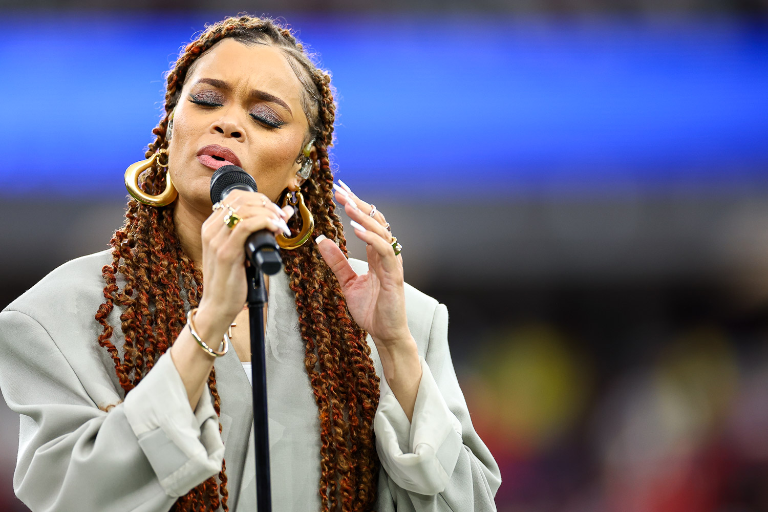 Andra Day sings “Lift Every Voice and Sing” prior to the NFL Super Bowl 58 football game between the Kansas City Chiefs and the San Francisco 49ers, Sunday, Feb. 11, 2024, in Las Vegas.