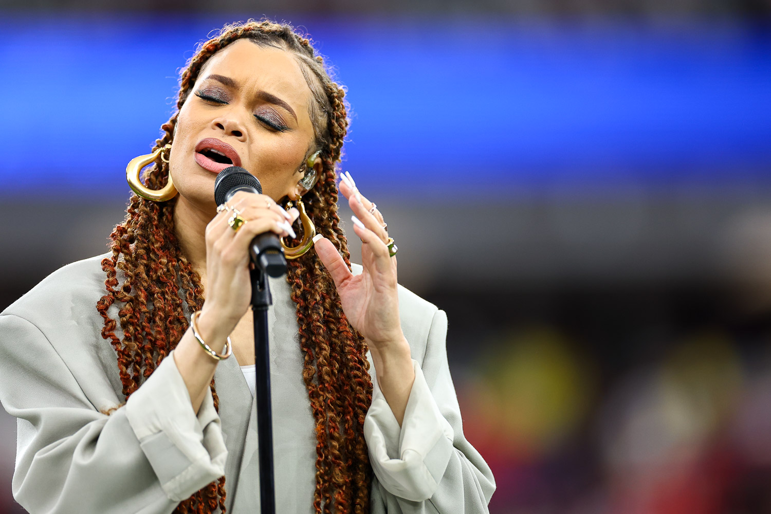 Andra Day sings “Lift Every Voice and Sing” prior to the NFL Super Bowl 58 football game between the Kansas City Chiefs and the San Francisco 49ers, Sunday, Feb. 11, 2024, in Las Vegas.