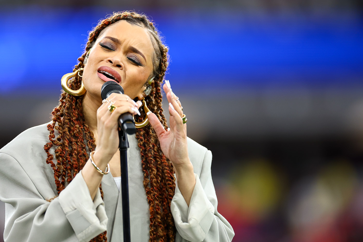 Andra Day sings “Lift Every Voice and Sing” prior to the NFL Super Bowl 58 football game between the Kansas City Chiefs and the San Francisco 49ers, Sunday, Feb. 11, 2024, in Las Vegas.