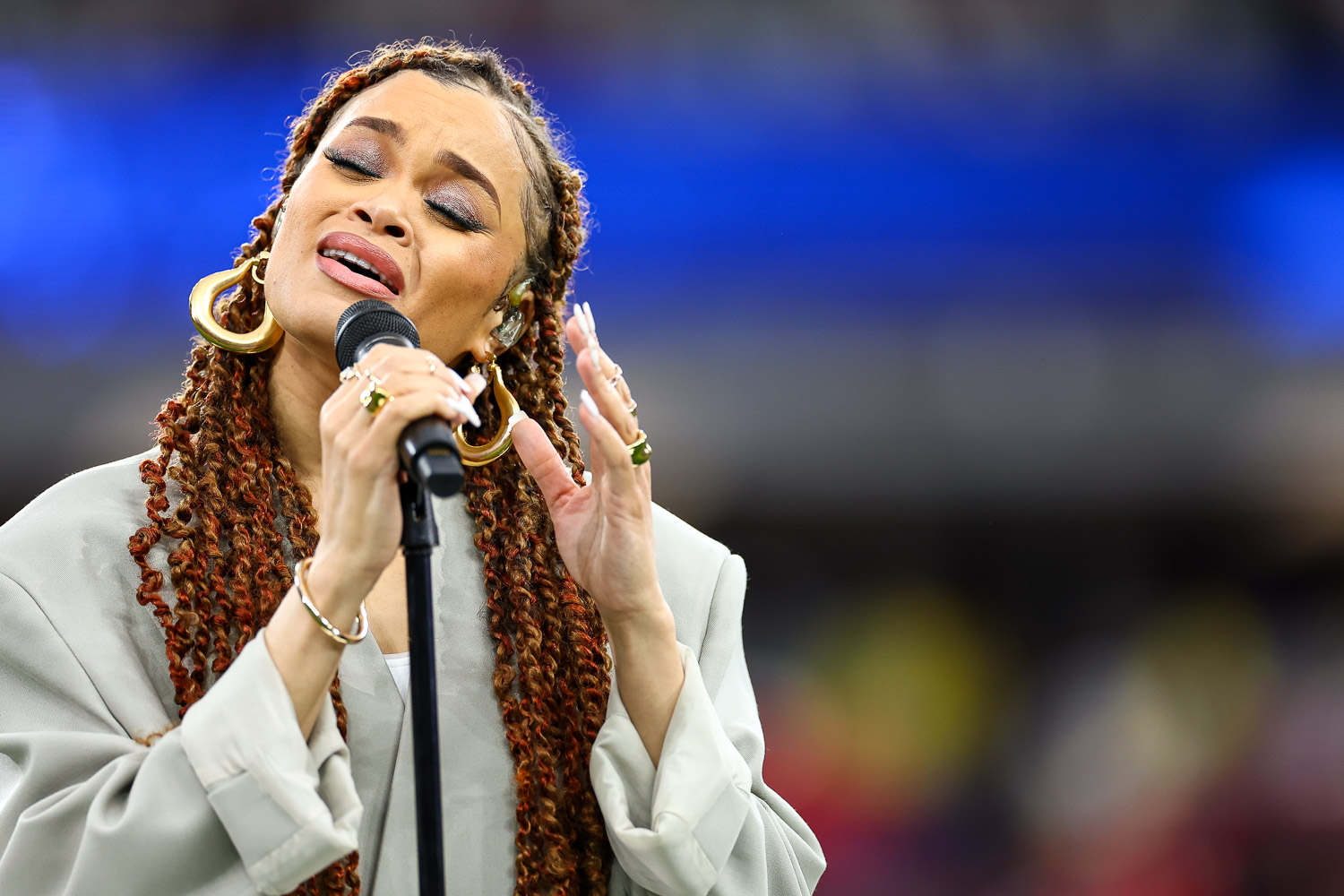 Andra Day sings “Lift Every Voice and Sing” prior to the NFL Super Bowl 58 football game between the Kansas City Chiefs and the San Francisco 49ers, Sunday, Feb. 11, 2024, in Las Vegas.