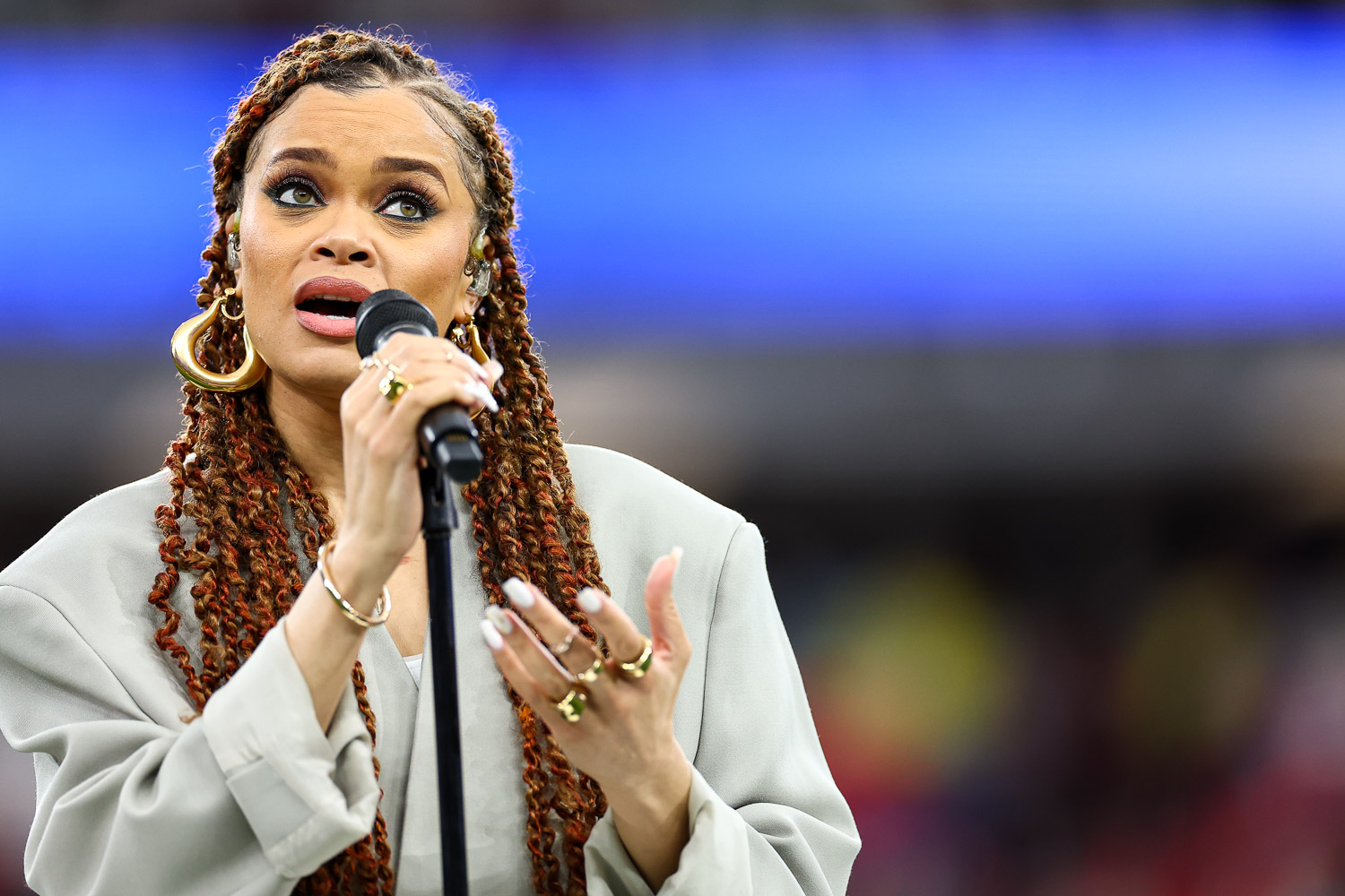 Andra Day sings “Lift Every Voice and Sing” prior to the NFL Super Bowl 58 football game between the Kansas City Chiefs and the San Francisco 49ers, Sunday, Feb. 11, 2024, in Las Vegas.