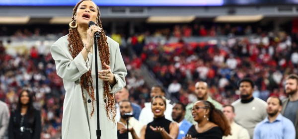 Andra Day sings “Lift Every Voice and Sing” prior to the NFL Super Bowl 58 football game between the Kansas City Chiefs and the San Francisco 49ers, Sunday, Feb. 11, 2024, in Las Vegas.