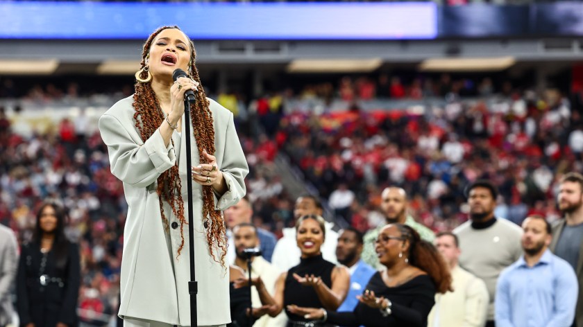 Andra Day sings “Lift Every Voice and Sing” prior to the NFL Super Bowl 58 football game between the Kansas City Chiefs and the San Francisco 49ers, Sunday, Feb. 11, 2024, in Las Vegas.