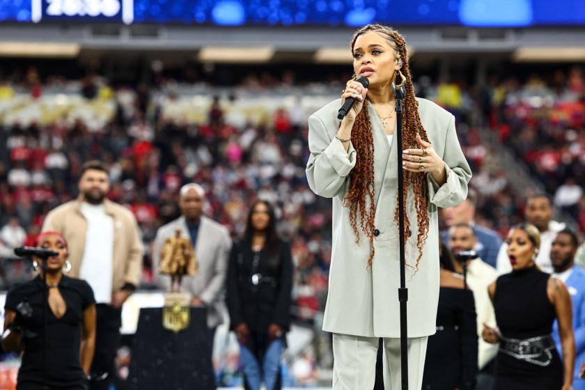 Andra Day sings “Lift Every Voice and Sing” prior to the NFL Super Bowl 58 football game between the Kansas City Chiefs and the San Francisco 49ers, Sunday, Feb. 11, 2024, in Las Vegas.