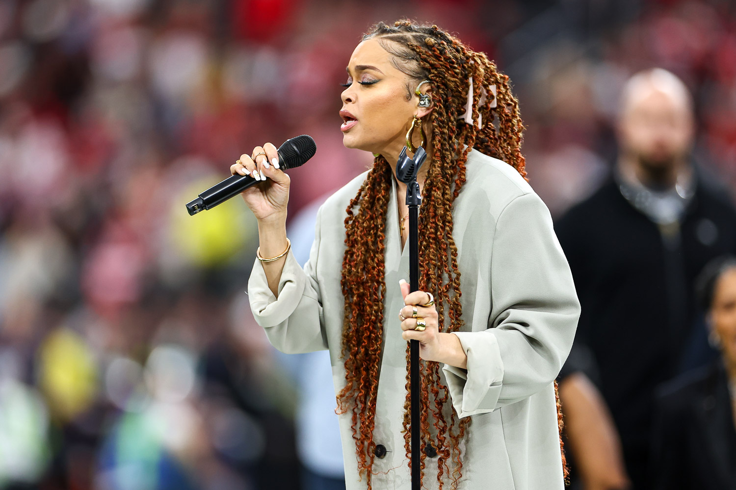 Andra Day sings “Lift Every Voice and Sing” prior to the NFL Super Bowl 58 football game between the Kansas City Chiefs and the San Francisco 49ers, Sunday, Feb. 11, 2024, in Las Vegas.