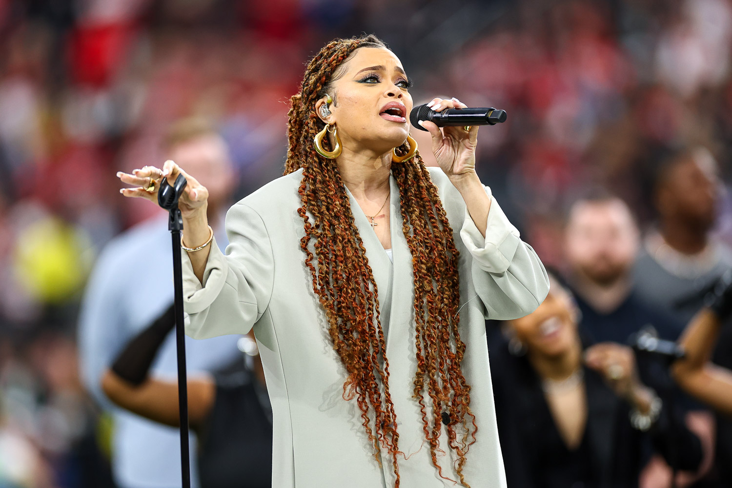Andra Day sings “Lift Every Voice and Sing” prior to the NFL Super Bowl 58 football game between the Kansas City Chiefs and the San Francisco 49ers, Sunday, Feb. 11, 2024, in Las Vegas.