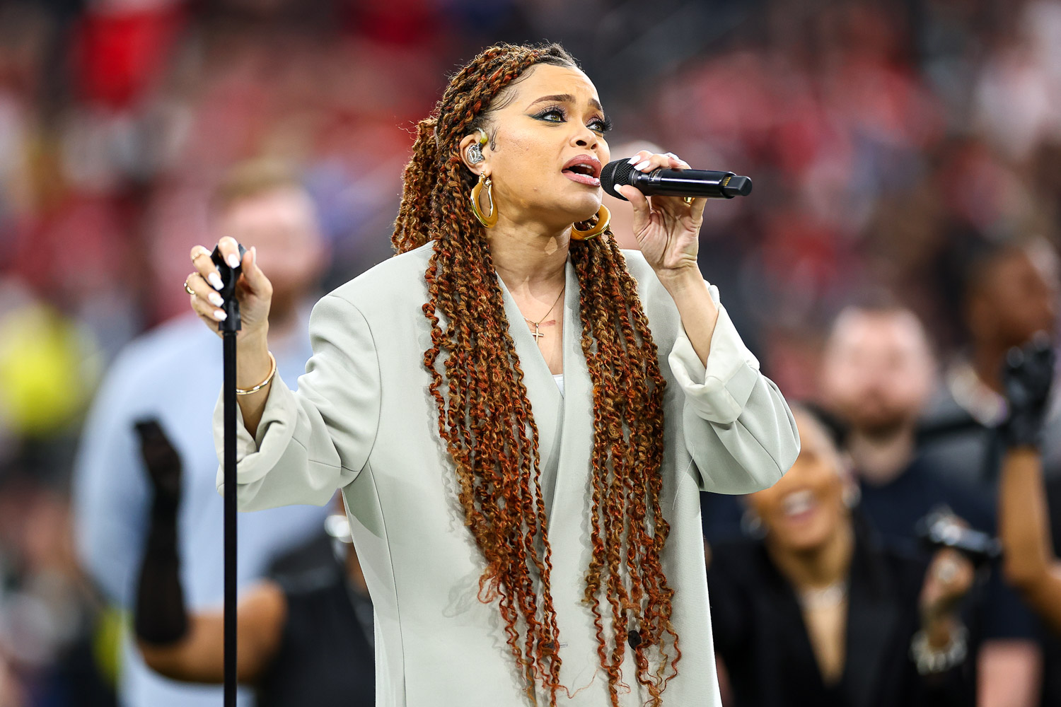 Andra Day sings “Lift Every Voice and Sing” prior to the NFL Super Bowl 58 football game between the Kansas City Chiefs and the San Francisco 49ers, Sunday, Feb. 11, 2024, in Las Vegas.