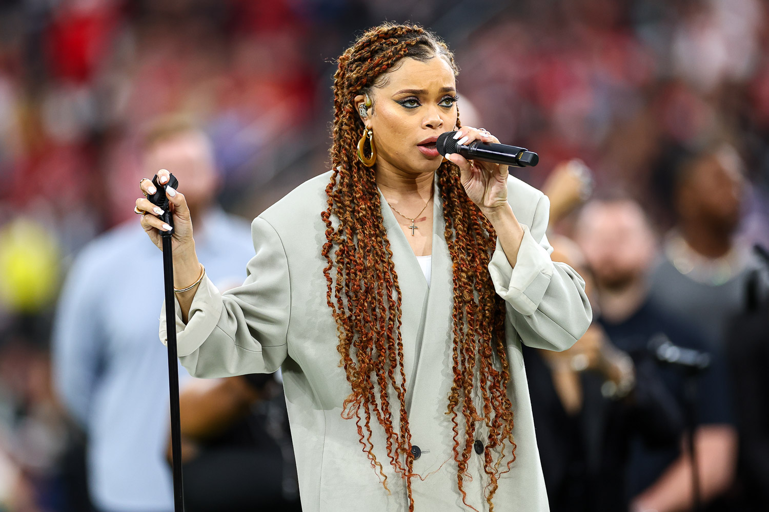Andra Day sings “Lift Every Voice and Sing” prior to the NFL Super Bowl 58 football game between the Kansas City Chiefs and the San Francisco 49ers, Sunday, Feb. 11, 2024, in Las Vegas.