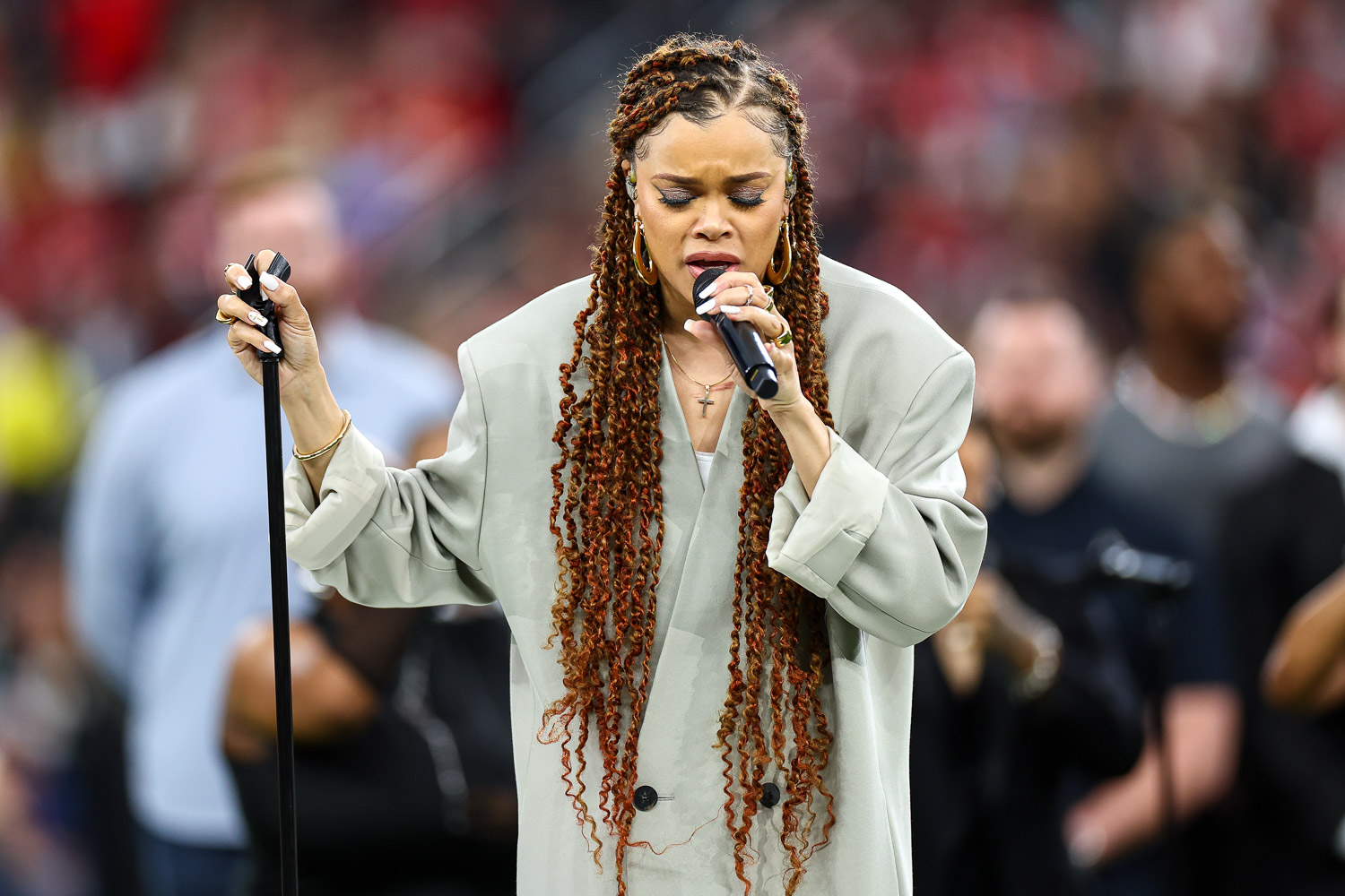 Andra Day sings “Lift Every Voice and Sing” prior to the NFL Super Bowl 58 football game between the Kansas City Chiefs and the San Francisco 49ers, Sunday, Feb. 11, 2024, in Las Vegas.