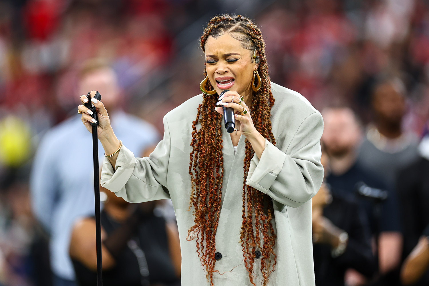 Andra Day sings “Lift Every Voice and Sing” prior to the NFL Super Bowl 58 football game between the Kansas City Chiefs and the San Francisco 49ers, Sunday, Feb. 11, 2024, in Las Vegas.