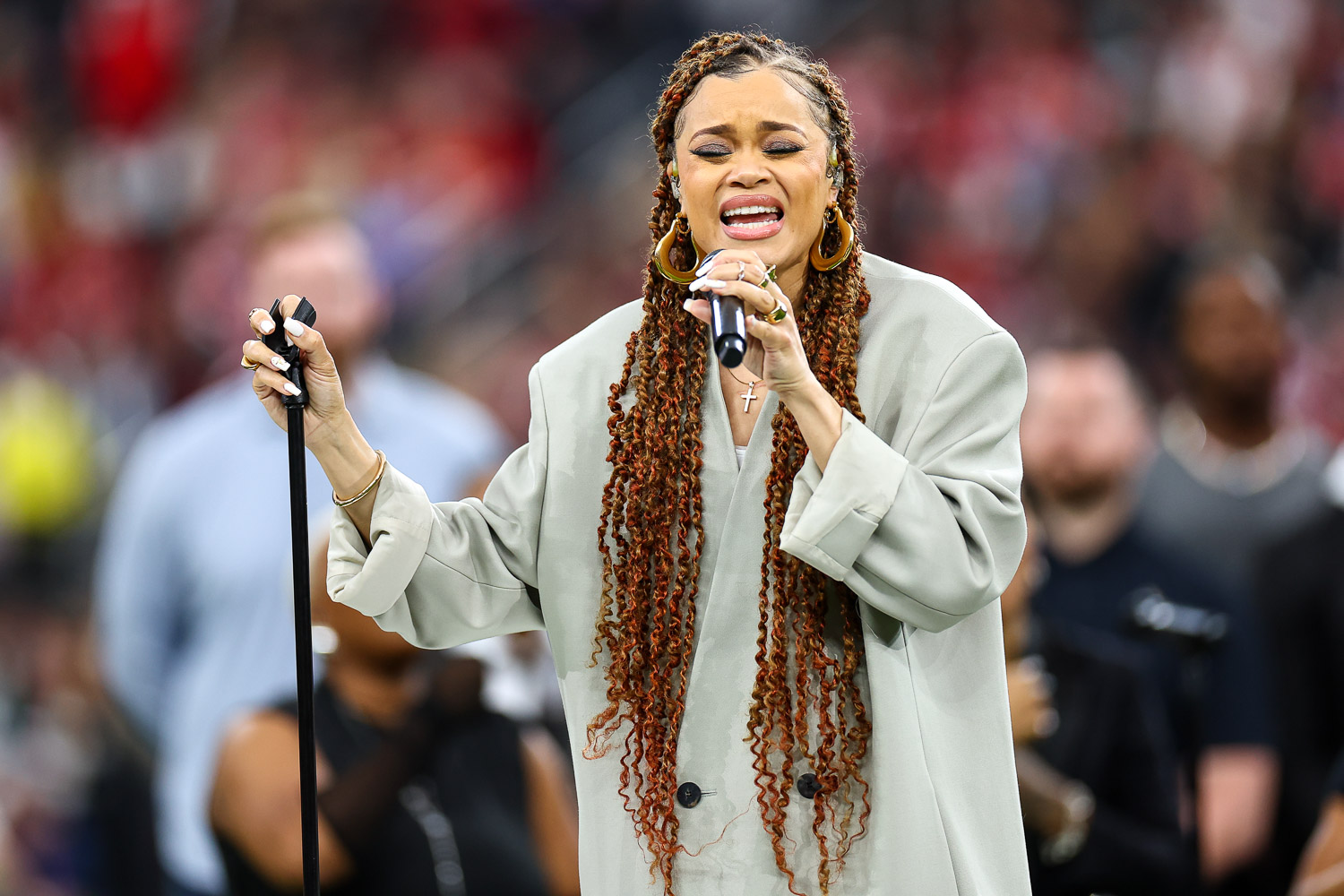 Andra Day sings “Lift Every Voice and Sing” prior to the NFL Super Bowl 58 football game between the Kansas City Chiefs and the San Francisco 49ers, Sunday, Feb. 11, 2024, in Las Vegas.