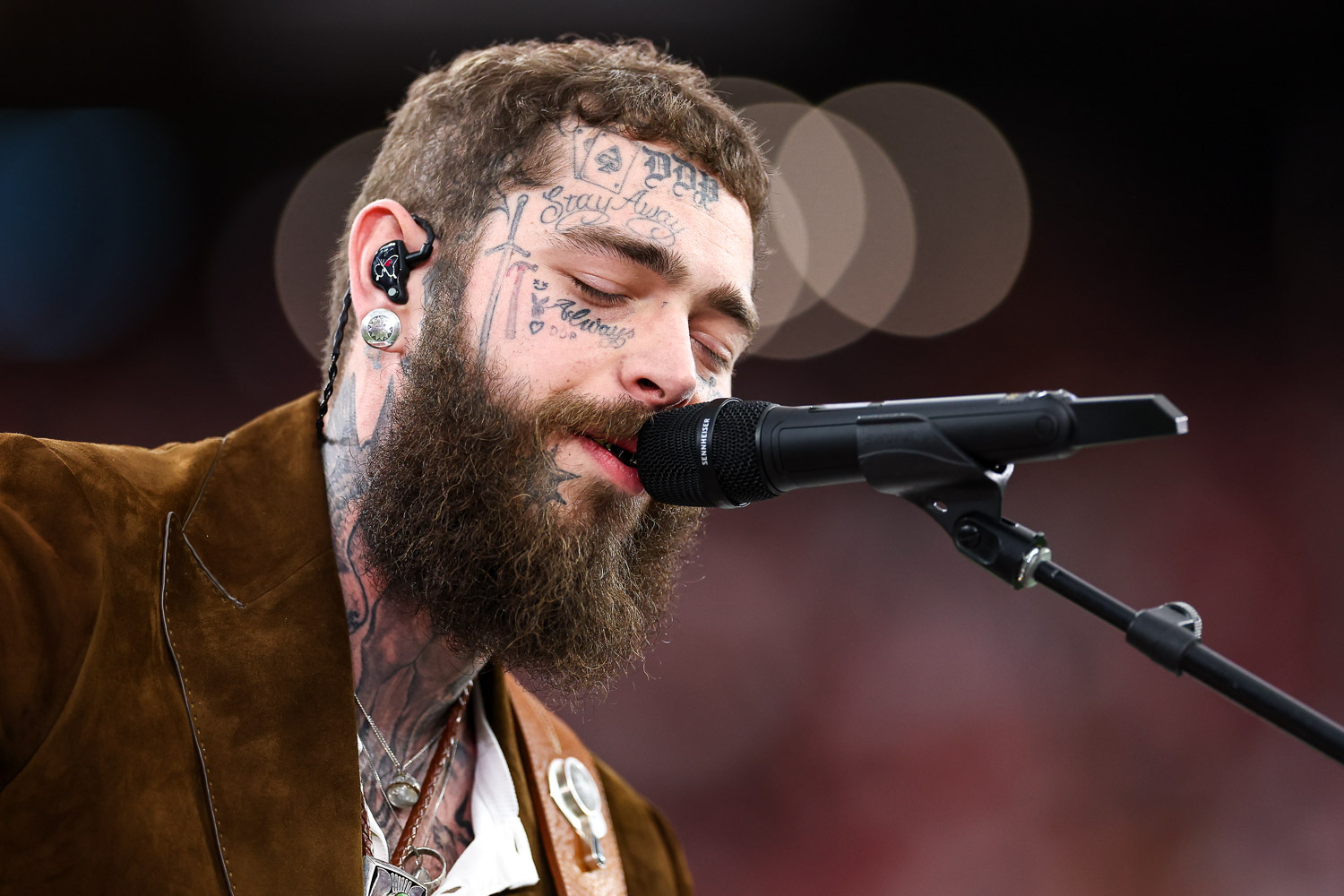 Post Malone sings “America the Beautiful” prior to the NFL Super Bowl 58 football game between the Kansas City Chiefs and the San Francisco 49ers, Sunday, Feb. 11, 2024, in Las Vegas.